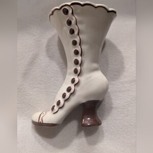 VTG Victorian Boot Ceramic Planter Vase Atlantic Mold Cottagecore White  Brown